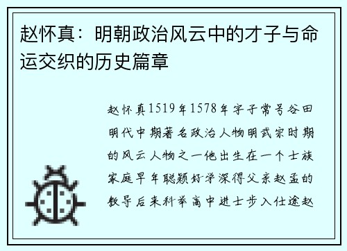 赵怀真：明朝政治风云中的才子与命运交织的历史篇章